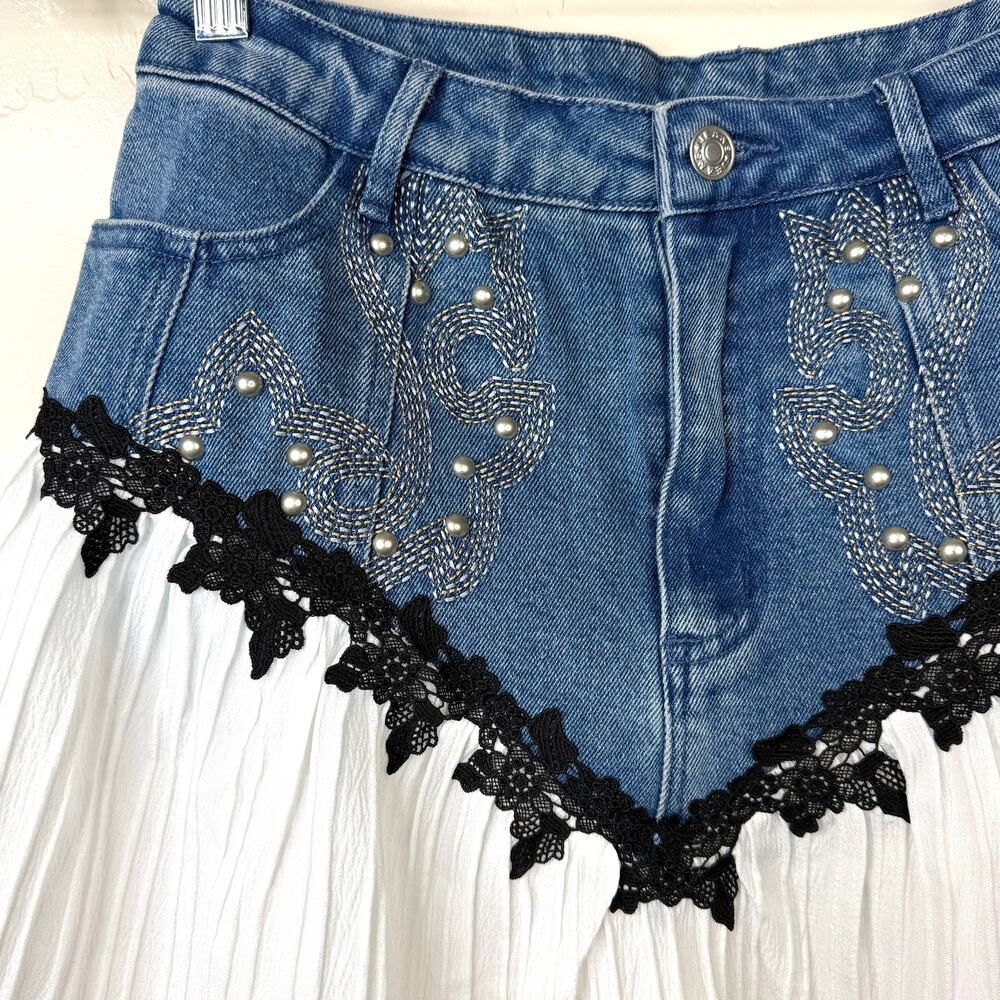 NEW Blue B USA Western Denim Lace Pearl Embroidered Boho Cowgirl Mini Skirt - Picture 4 of 9